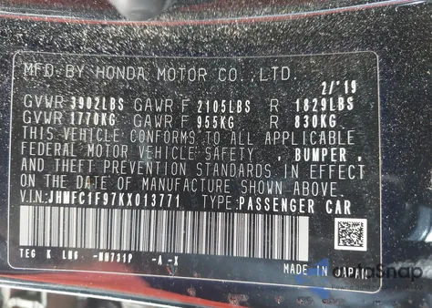 2019 Honda Civic Touring from USA, damaged, VIN JHMFC1F97KX013771